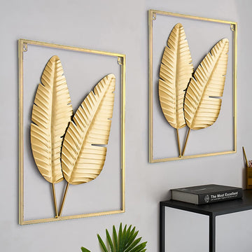 Gold Metal Wall Decor Set of 2, Leaf Hanging Home Decor with Frame