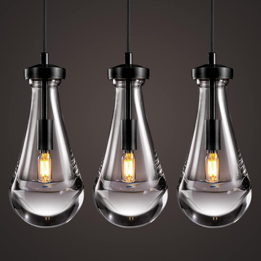 Raindrop Pendant Lights Kitchen Island Set of 3 Teardrop Black Hanging Light Fixtures Clear Solid Glass Pendant Light Modern Chandeliers for Dining Room Porch Corridor Living Room A121-B0CFTN5HS6