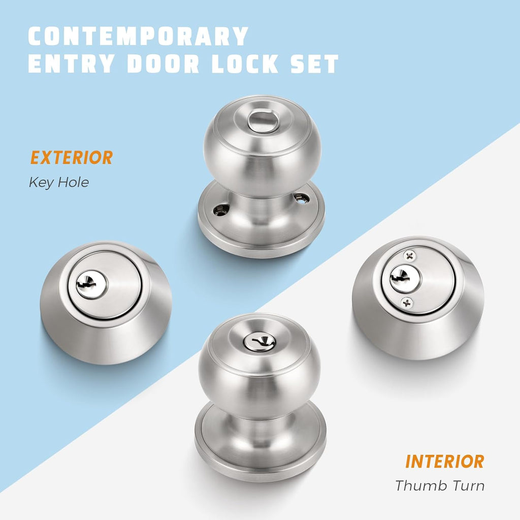 2 Pack Keyed Alike Door Knob and Double Cylinder Deadbolt Set, Exterior Door Lock Set, Double Keyed Door Knob, Satin