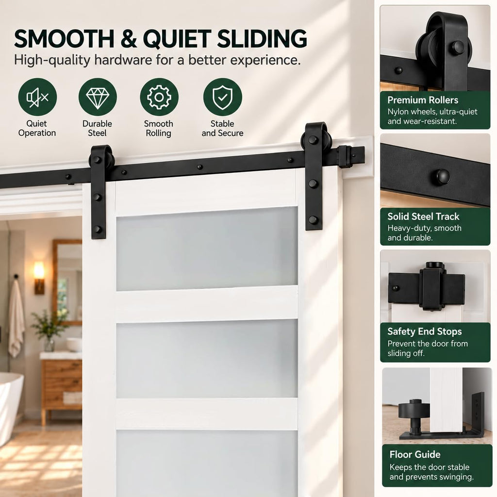 44in x 80in Glass Sliding MDF Barn Door with Sliding Door Hardware Kit, 5 Tempered Frosted Glass, Slab Inside Covered
