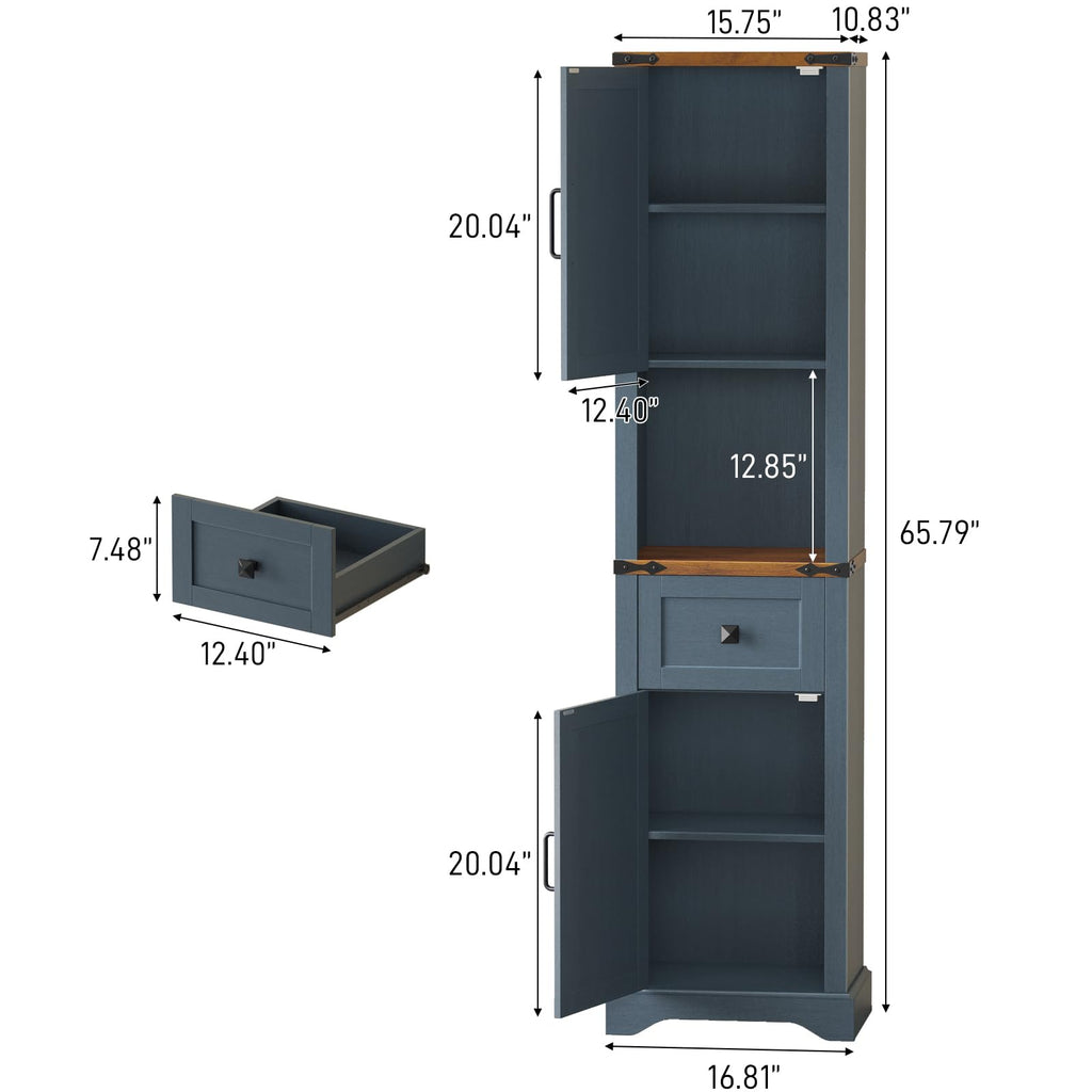 66" Tall Farmhouse Bathroom Storage Cabinet with Barn Doors, Blue