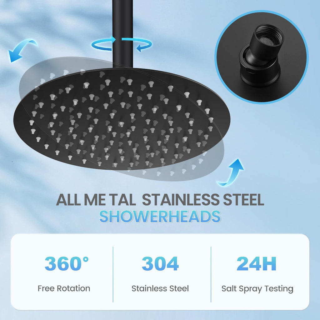 10 Inch Matte Black Round Rain Shower Head, All Metal Stainless Steel Rainfall Shower Heads with 100 Anti-Clog