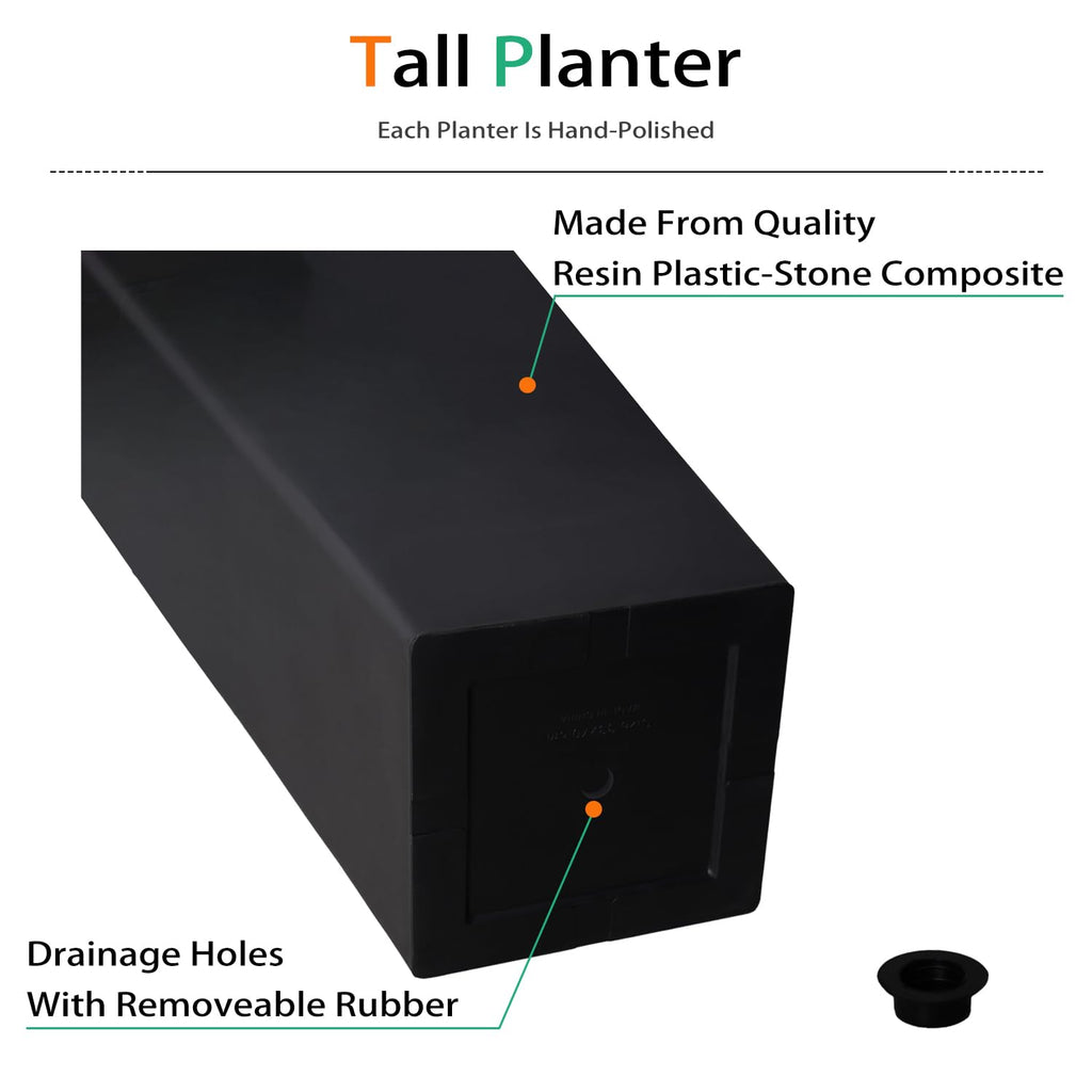 Tall Planters for Outdoor Plants, Large Resin Flower Pots for Garden, Front Porch, Patio, Indoor - Set of 2 (Black