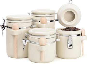 Airtight Ceramic Canister Set With Attached Wooden Spoon Reusable Chalk Labels For Dry Goods Sugar Coffee Tea - Set of 4