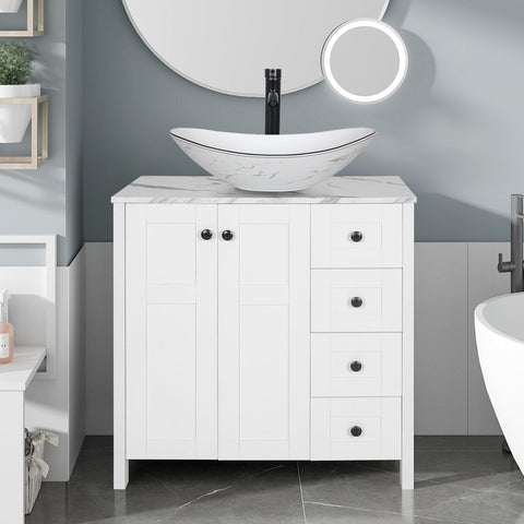 32" White Bathroom Vanity with Marble Top & 4 Drawers - Modern Freestanding Vanity Cabinet