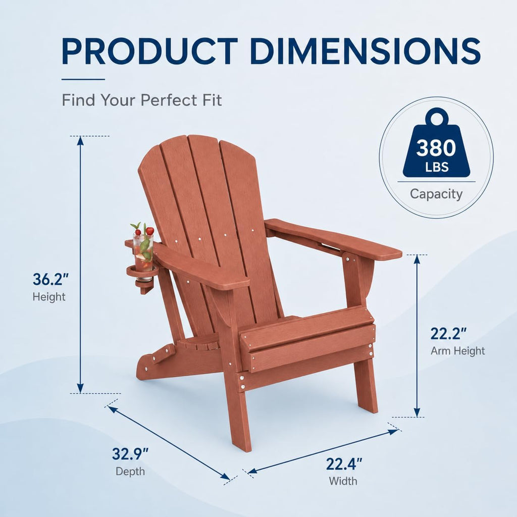Folding Adirondack Chairs Set of 2 with Cup Holder, Heavy Duty HDPE Plastic Outdoor Lounge Chairs, All-Weather