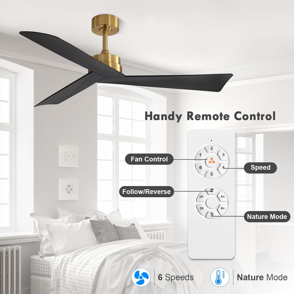 Inspired Adler Style 52" DC Ceiling Fan Without Light, 3 Sculpted ABS Blades, 6-Speed Remote - Brass and Black