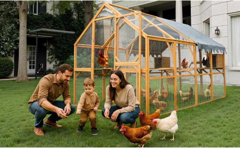 Large Outdoor Wooden Cat Enclosure with Walk-in Design and Waterproof Cover for Cats, 110 Inch Yellow Kitten Playpen