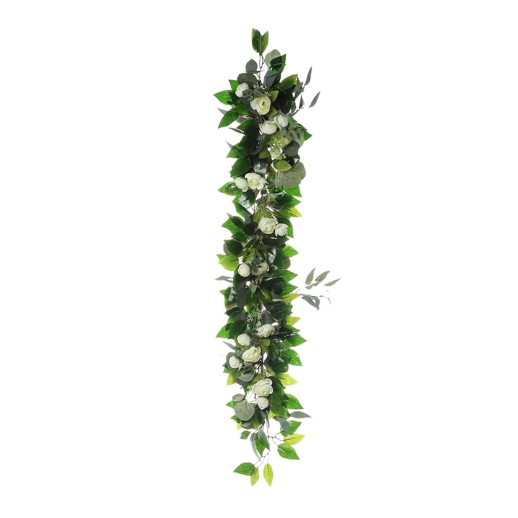 4ft Real Touch Eucalyptus and Willow Leaf Garland with Silk Ranunculus Flowers, Lush Faux Floral Runner for Intimate