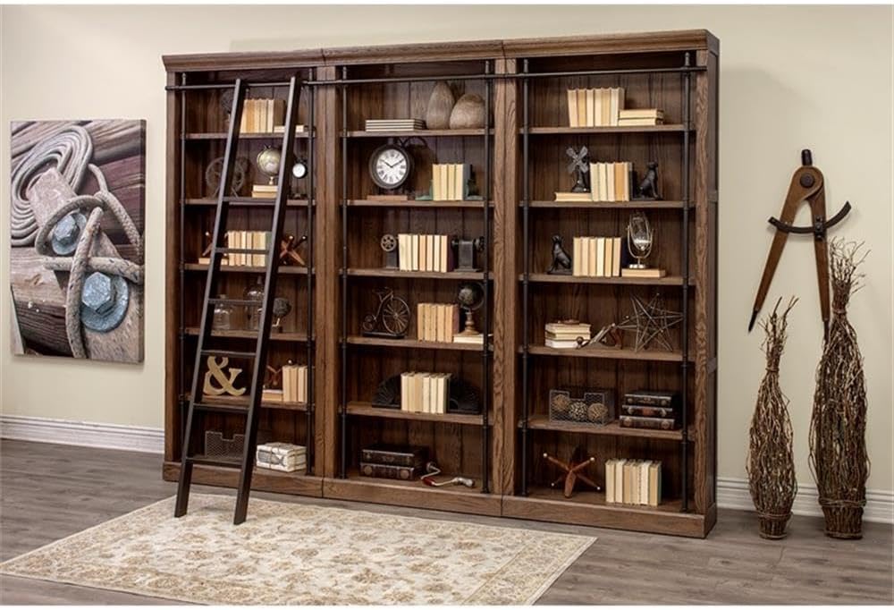 Avondale 120" W Contemporary Wood Bookcase Wall with Ladder Storage Organizer Display, 5 Adjustable Shelves