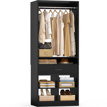 Freestanding Closet System with Wood Drawer and 4 Cubby Storage, Closet Organizer with Hanging Rods & Shelves, 25" W