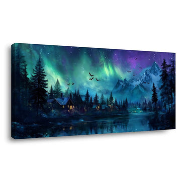 A Borealis Northern Lights Canvas Wall Art Mountain Landscape Cabin Painting Flat Print Gallery Wrapped Night Sky