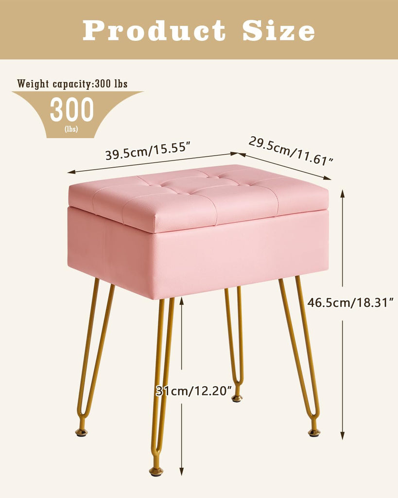 PU Storage Vanity Stool with Flip Tabletop, Ottoman, Pink