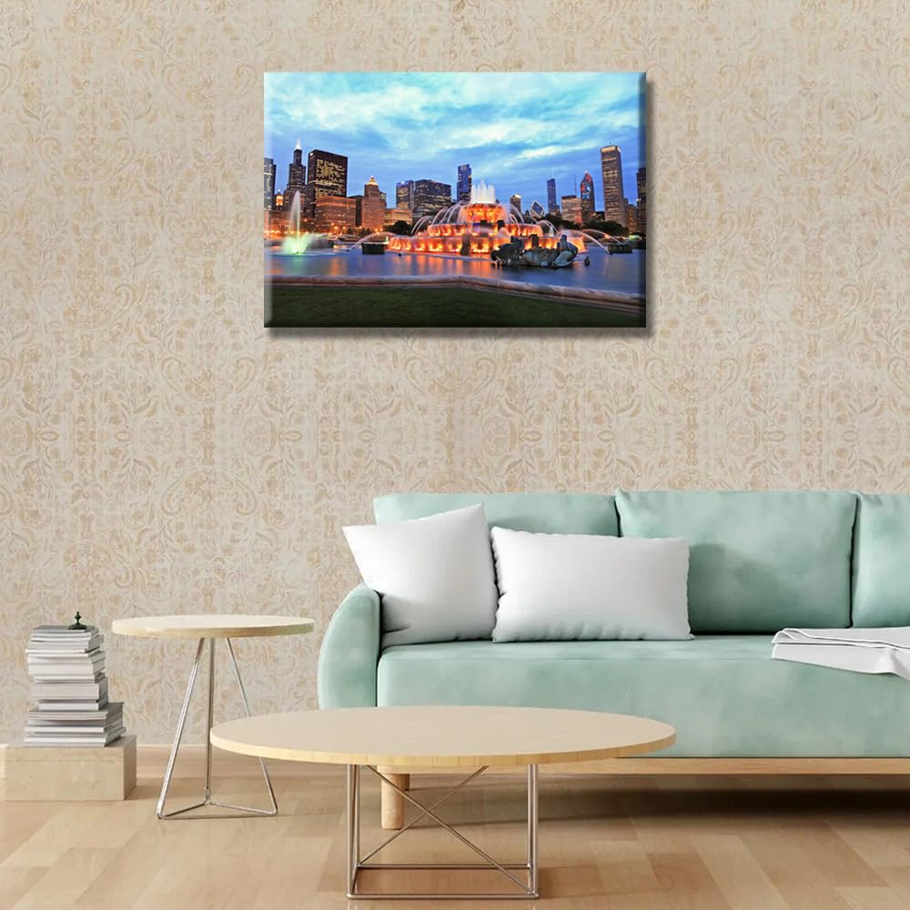 Buckingham Fountain at Dusk Canvas Wall Chicago Skyline Wall Decor 1 Piece Chicago Illinois Wall Bedroom Bathroom