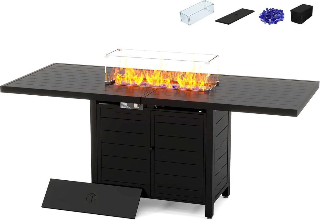 60 Inch Propane Firepit Table - Outdoor Rectangular Aluminum Fire Table w/Wind Guard - 50,000 BTU Gas Fire Pit with Glass Beads and Waterproof Cover