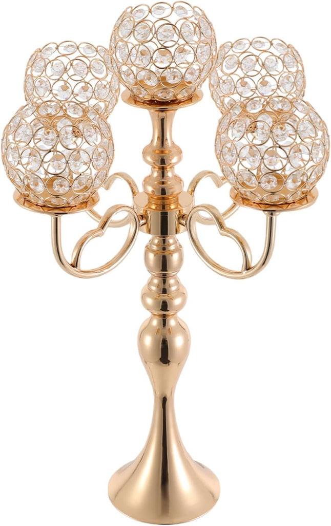 2 Pcs 5 Arms Candelabra Centerpieces with Crystal Pendant, 21.5 inch Tall Crystal Candle Holder Branch Shaped Wax
