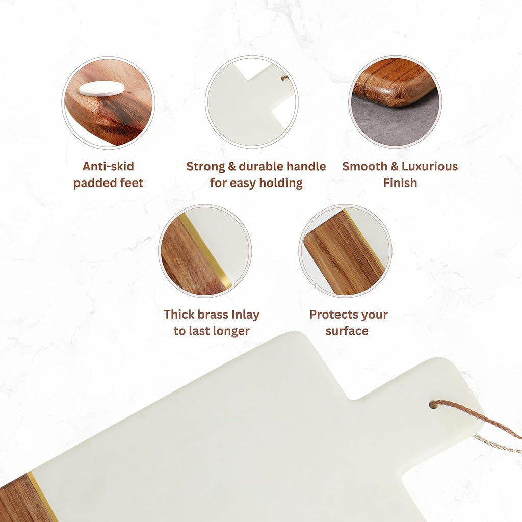 Cheese Board Natural Marble Acacia Wood and Brass Inlay 15 Inch Serving Tray for Cheese Platter Fruit Platter