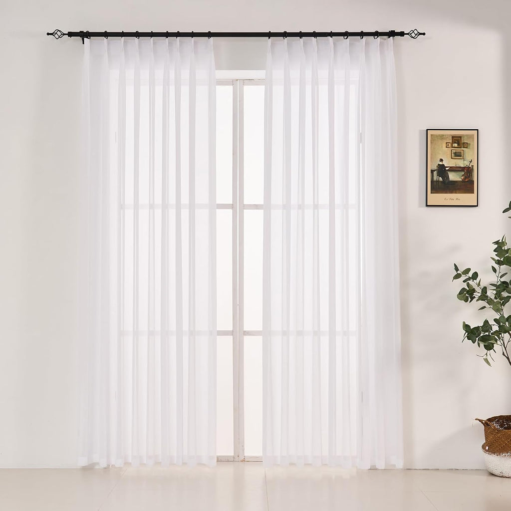 102 Inches Long Pure White Curtains for Bedroom Living Room Pinch Pleated Chiffon Sheer Curtains Light Filterring