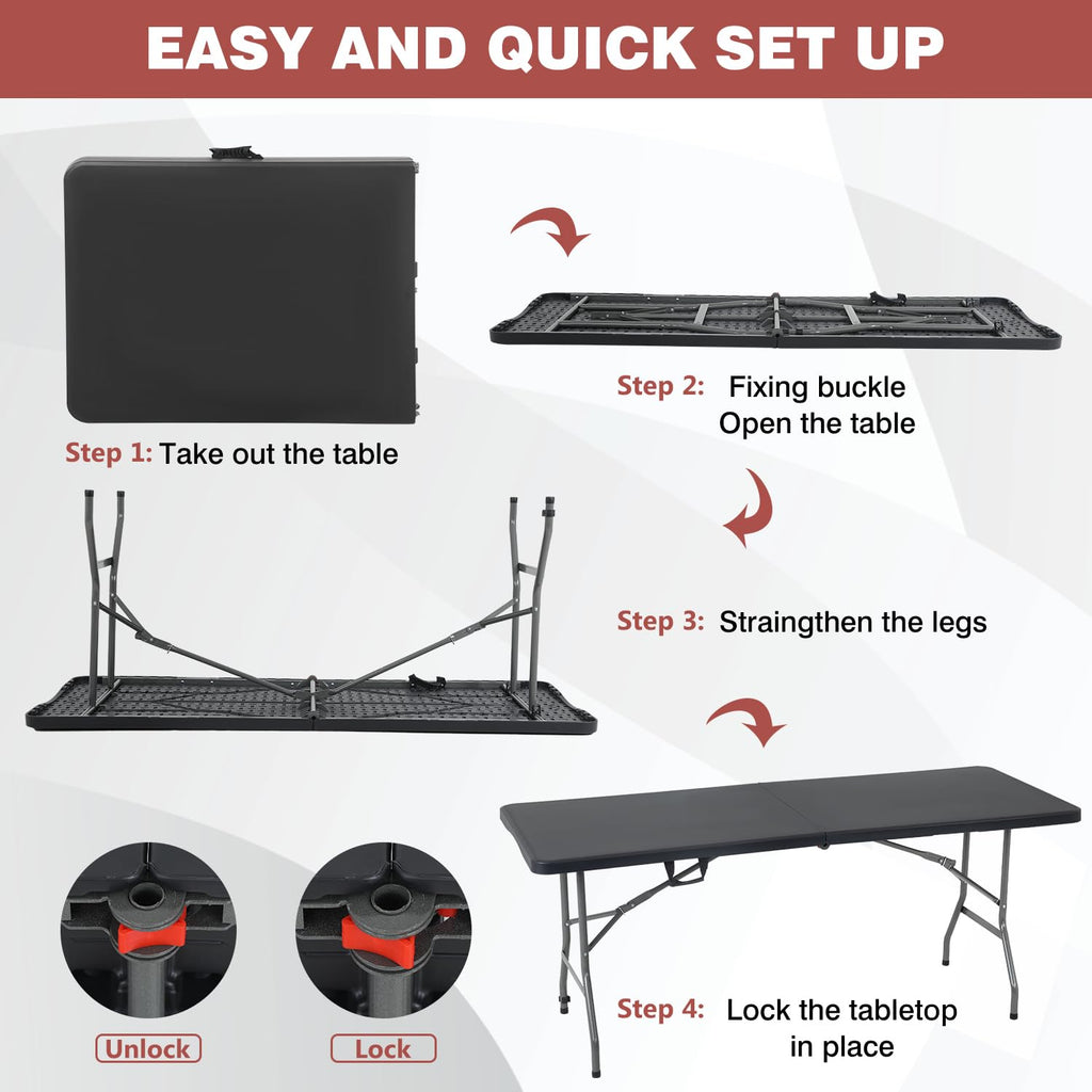 6FT Folding Table | Black | Portable Plastic Table