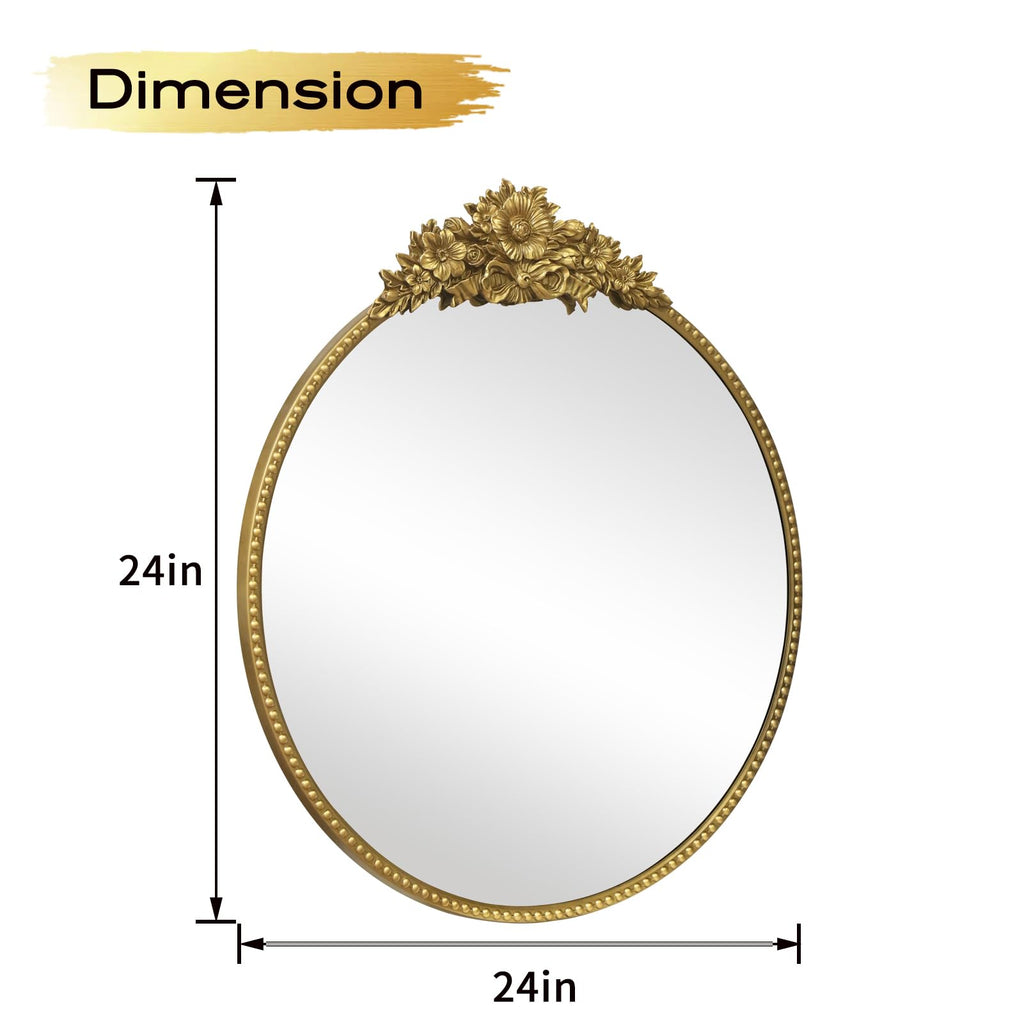 Round Baroque Style Antique 24" Metal Circle Vintage Mirror, Wall Mounted Decorative Mirror, Vanity, Retro Gold