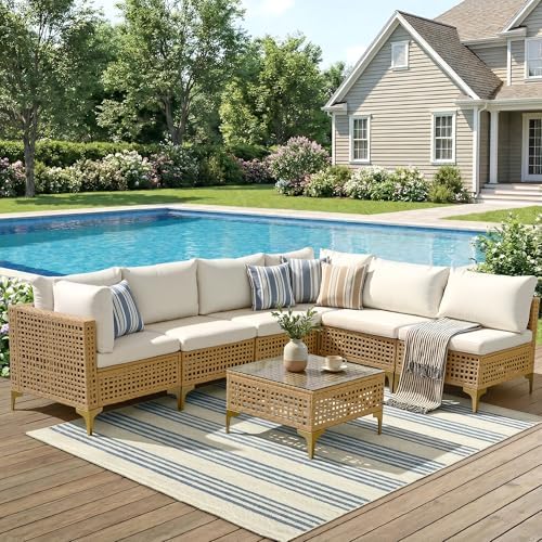 7-Piece Wicker Outdoor Patio Furniture Set - Conversation | Beige with Thick Cushions for Backyard, Garden & Porch