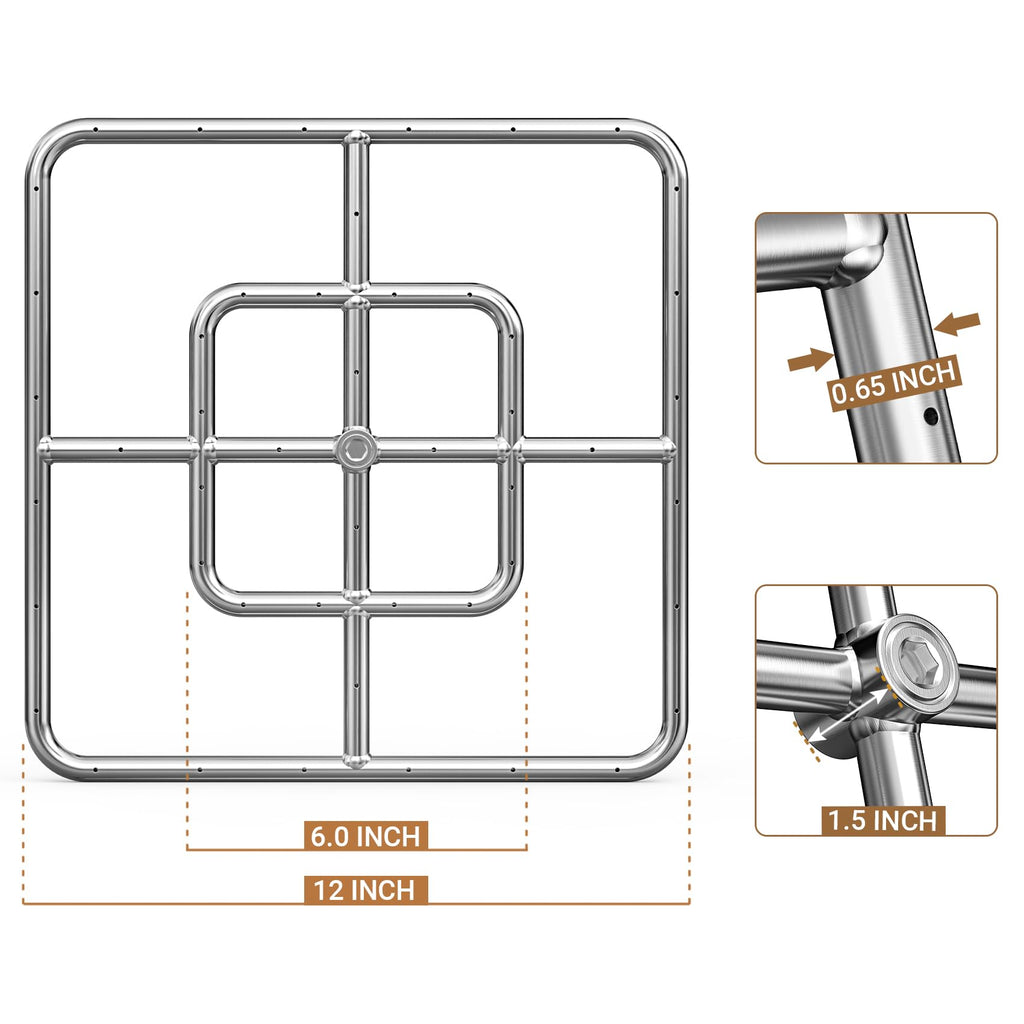 18" Square Fire Pit Flat Pan with Burner Ring Assembly, 92, 000 BTU