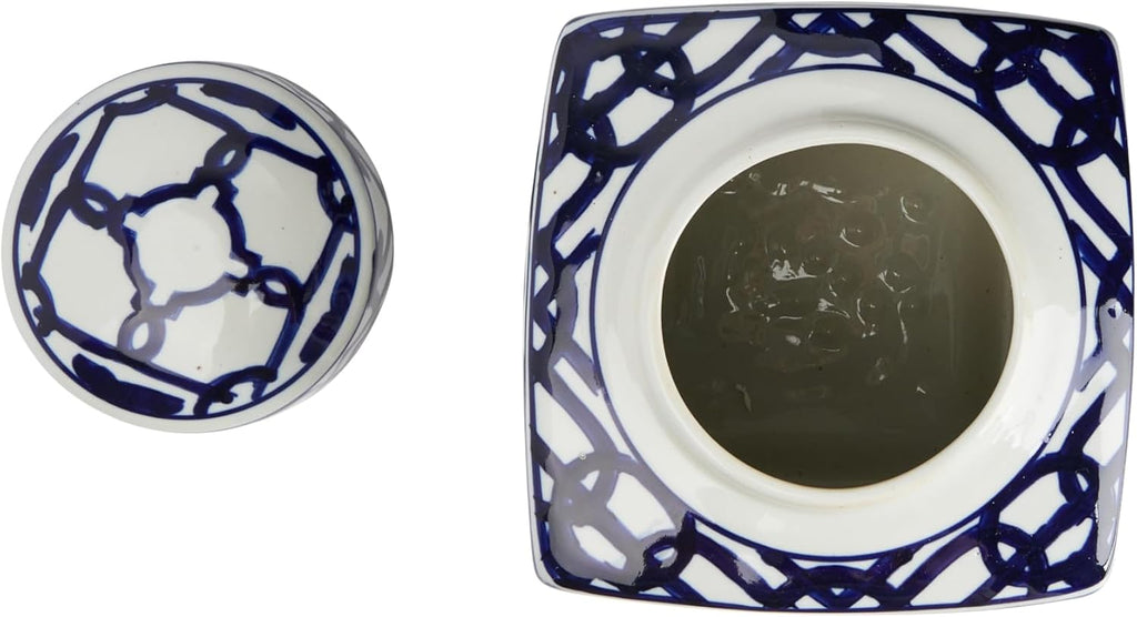 Decorative Square Ceramic Ginger Jar with Lid, Blue and White Geometric Fretwork
