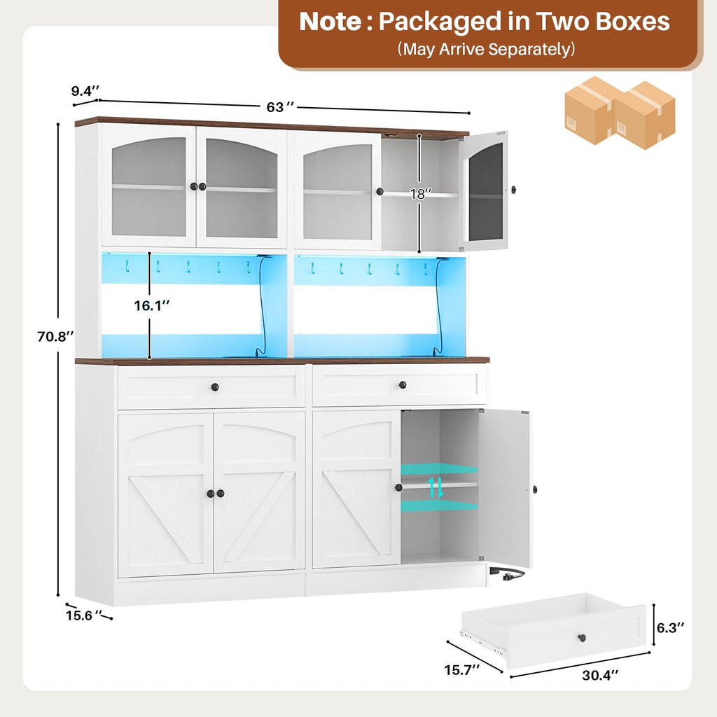 71" Kitchen Pantry Cabinet with LED Light and Outlet, Kitchen Hutch