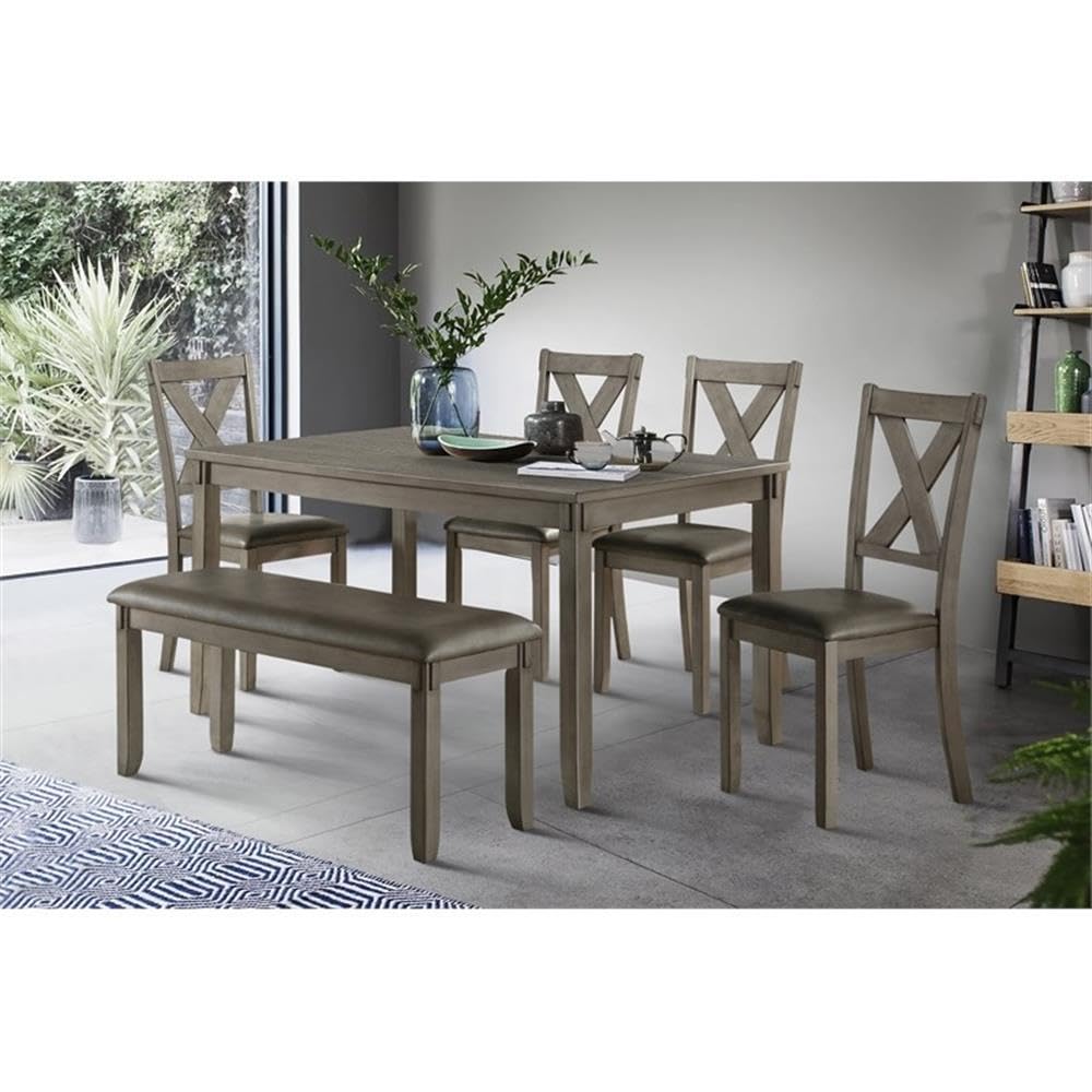 6-Piece Dining Set with Table with 4 Cross Back Chairs and Bench, Modern Wood Okume Veneer Dining Room Furniture with