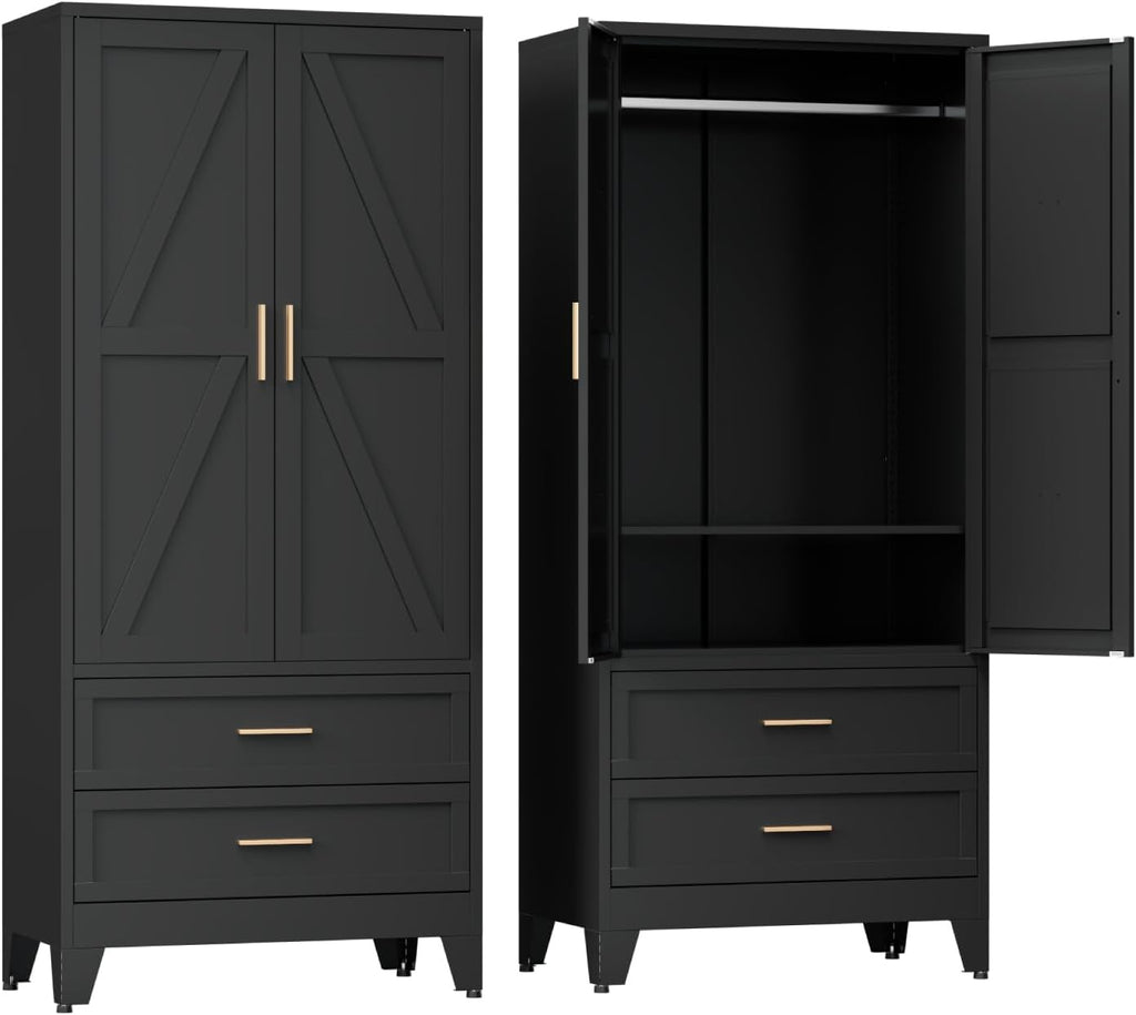 Armoire Wardrobe Closet with Drawers & Hanging Rod, 71'' Metal Wardrobe Closet with Doors & Adjustable Shelf
