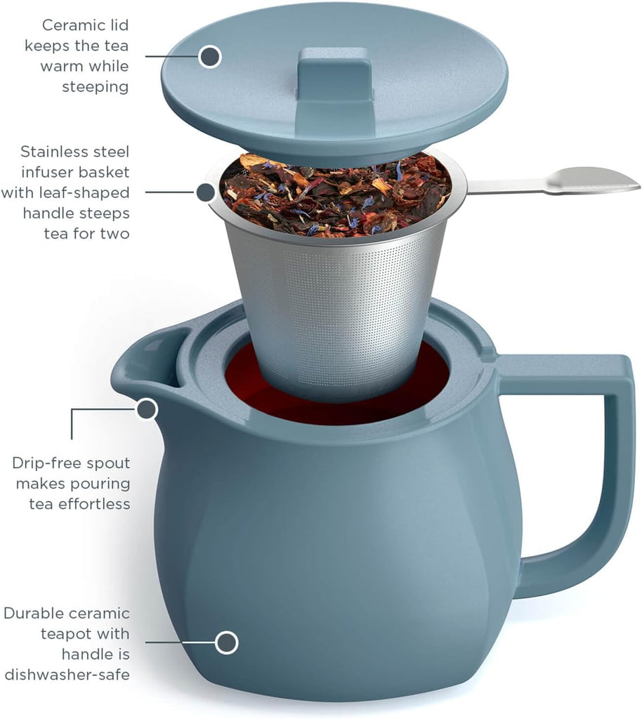 Ceramic Teapot with Infuser, Stone Blue, 24 oz | Light Blue Ceramic Teapot & Lid - Stainless Steel Loose Leaf Tea