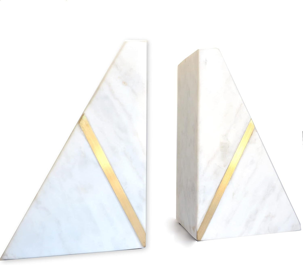 Marble Bookends Handcrafted Heavy Marble Triangular Bookshelf Decor Brass Inlay Set of 2 Decorative Bookends Book