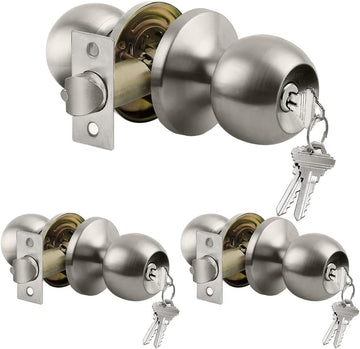 3 Pack Door Knob with Lock and Key, Keyed Different, Satin Nickel
