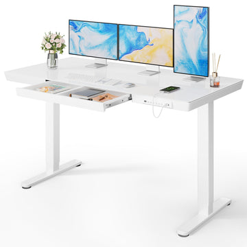 Glass Standing Desk, 55 x 28 Inch Electric Standing Desk, White