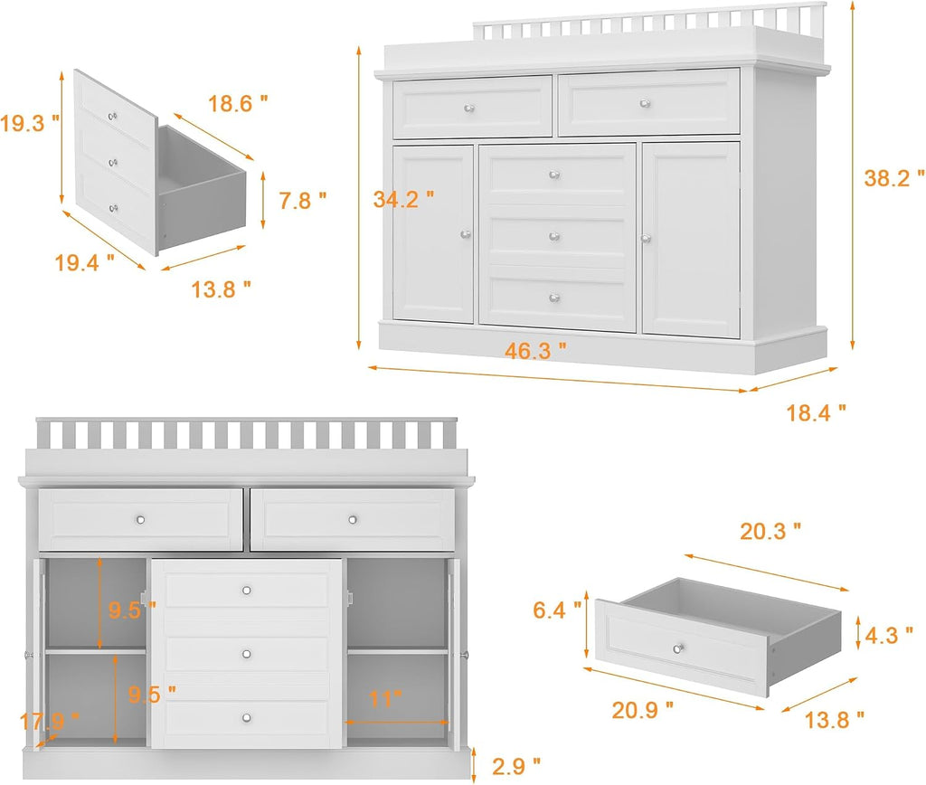 46" Baby Dresser with Changing Table Top, White Dresser with Storage Drawers and Doors, Multifunctional Nursery Baby