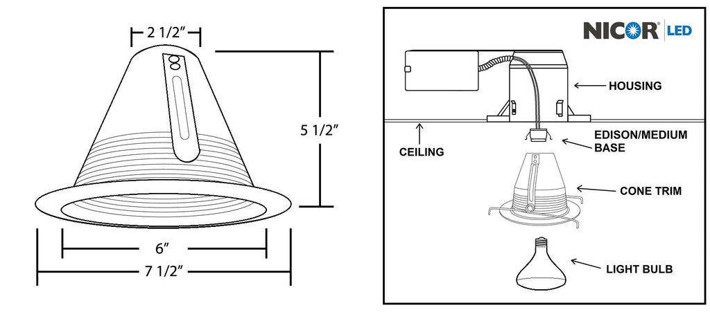 6 inch Black Airtight Recessed Cone Baffle Trim, Fits 6 inch Housings (17550ABK)