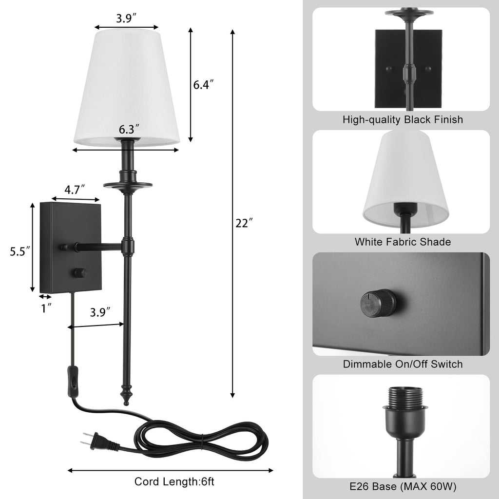 Dimmable Wall Sconces Set of Two, Plug in Wall Sconces White Fabric Shade, Wall Lamp, Plug in Wall Light Sconces