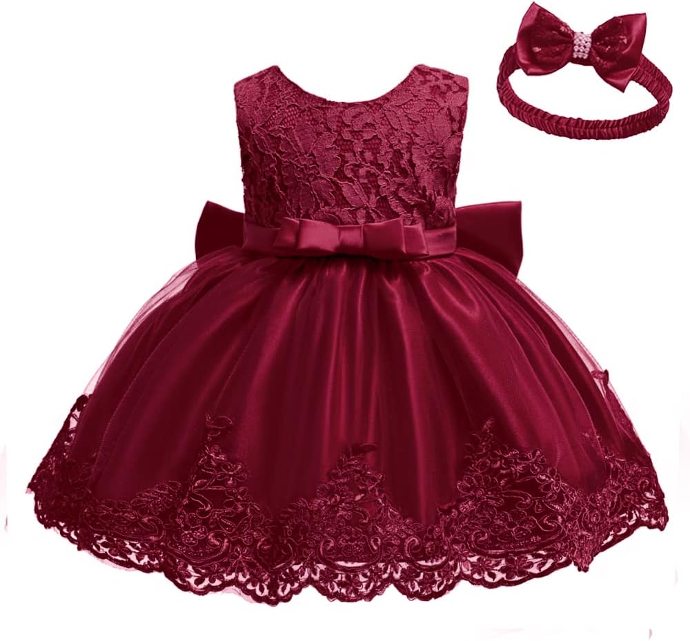 Baby Girl Party Dress Toddler Lace Embroidery Pageant Dresses with Headwear