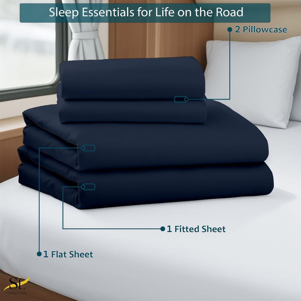 RV Bunk Sheets 28x75, 100% Egyptian Cotton 4-Piece Camper Bedding Set, Fits 10-12" Deep RV Mattress, Navy Blue