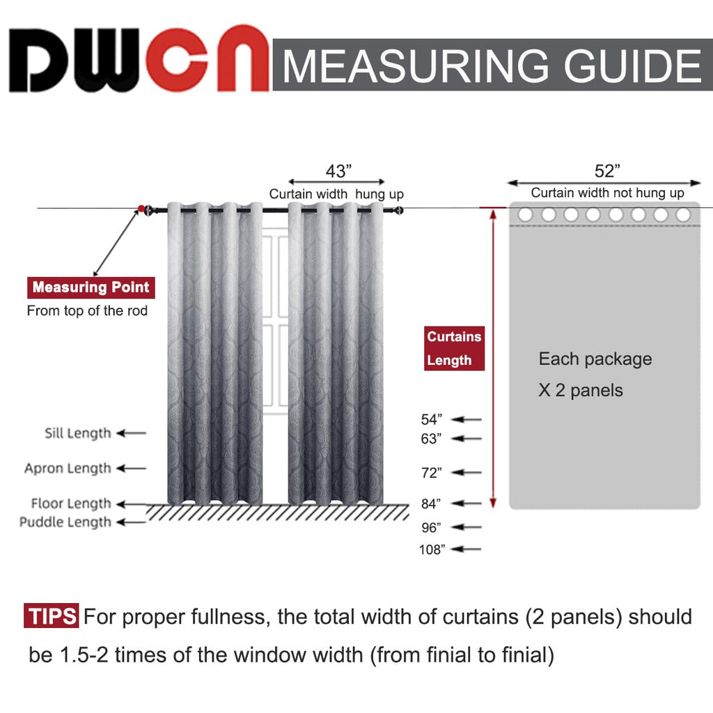 Ombre Blackout Curtains 52 x 84 inch, 2 Panel Set, Grey