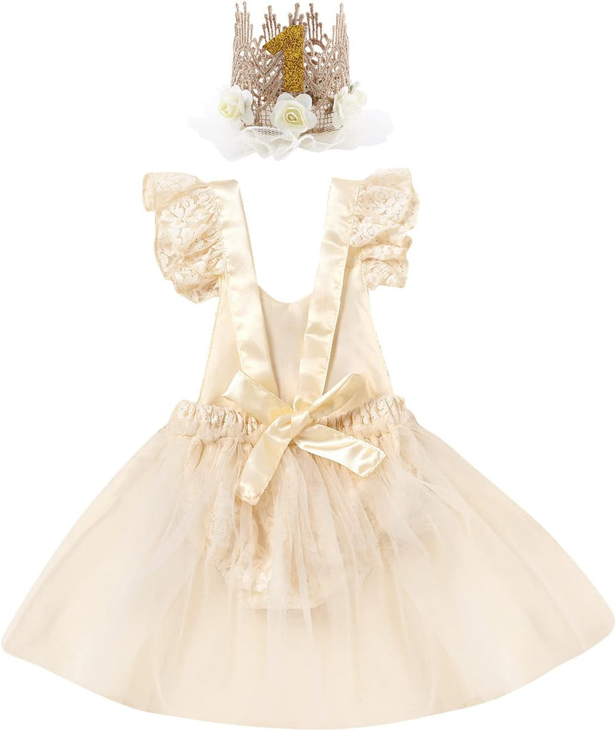 Baby Girls 1st Birthday Outfit Lace Romper Princess Tutu Dress Headband Cake Smash Clothes for Photo Shoot 2Pcs Sets