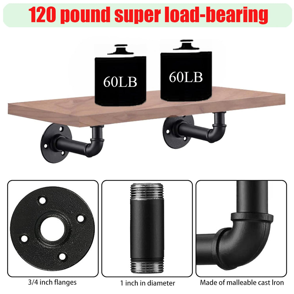 Industrial L Pipe Shelf Brackets for 8-16 in Depth Wood, 7.5In 4 Pack