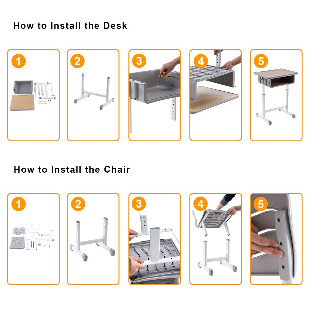 Student Desk and Chair Combo, Height Adjustable Children's Desk and Chair Workstation with Drawer, Pencil Grooves and