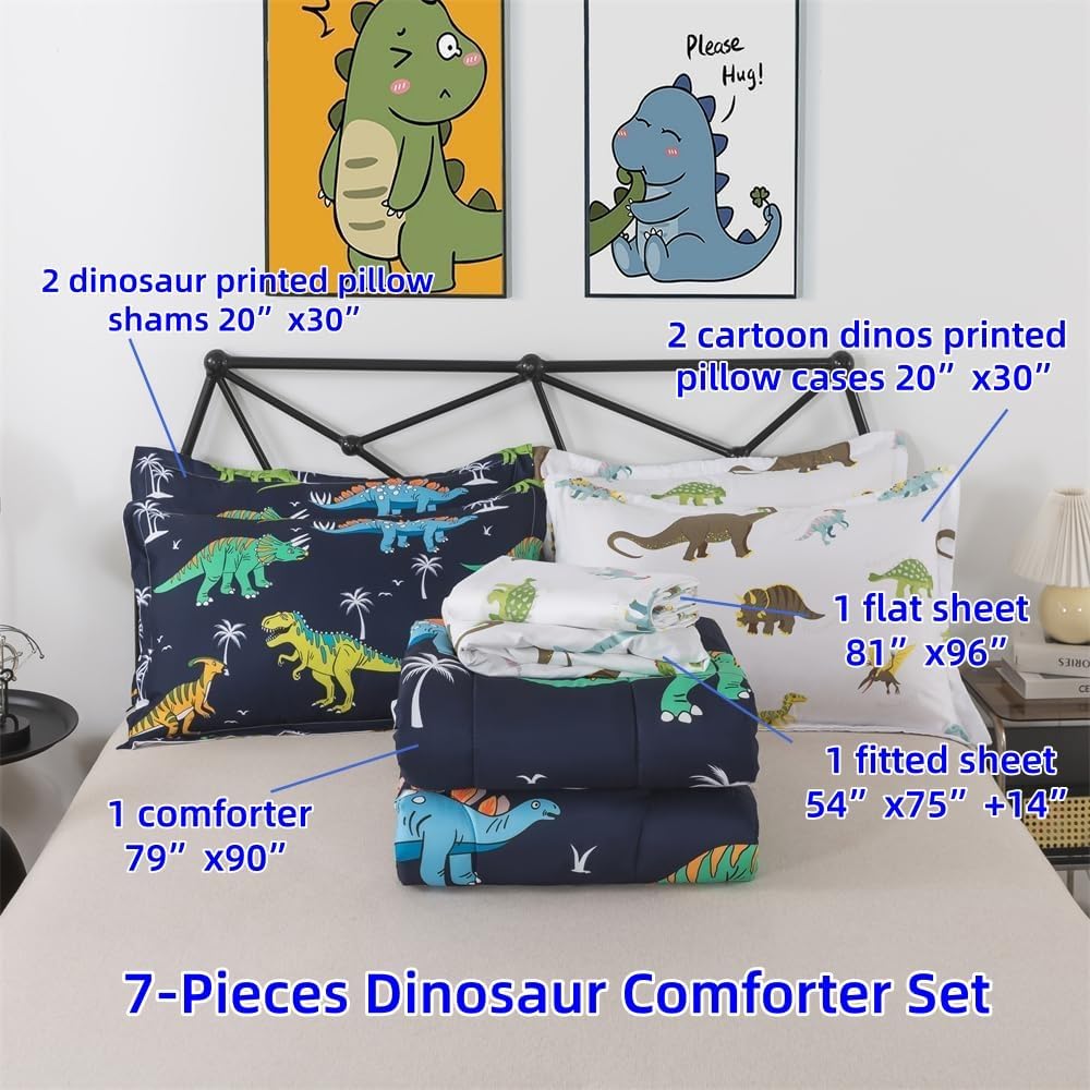 7 Pieces Dinosaur Comforter Full Kids Jungle Dinosaur Bedding Set Bed in A Bag for Boys T-Rex Dino Comforter and Sheets Set for Teens Girls Coco Animal Bed Sets Home Decor