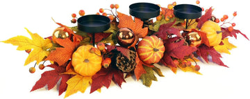 Fall Candle Holder Centerpiece for Table - Thanksgiving Table Decor with Pumpkins, Maple Leaves,Autumn Harvest