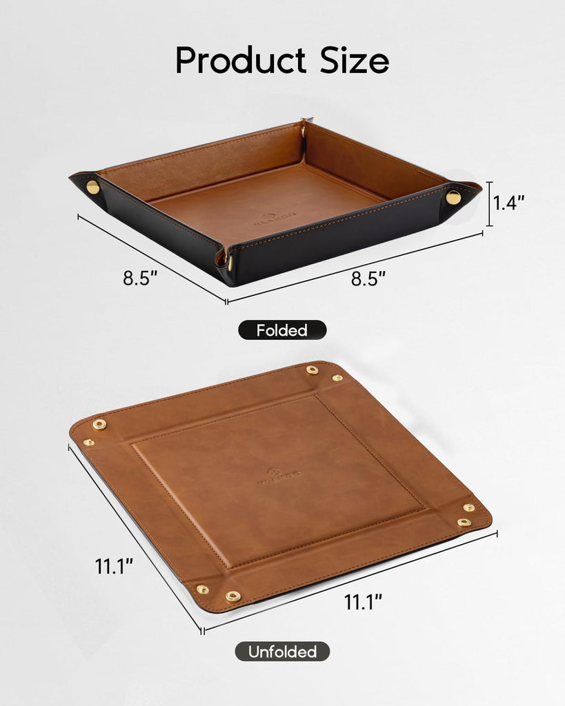 Travel Valet Tray, Foldable PU Leather Catchall Tray, Light Brown