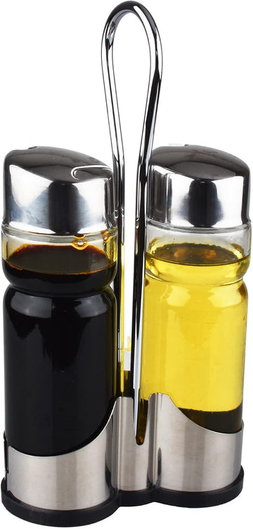 Oil and Vinegar Dispenser Set with Stainless Steel Holder,Clear Glass Olive Oil Dispenser Bottle - Set of 3