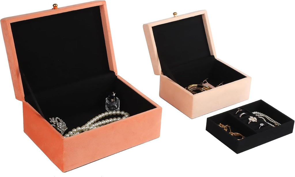Velvet Jewelry Boxes Decorative Boxes, Storage Accessory Organizer Boxes with Elegant Handle Decor, Classic Velvet - Set of 2