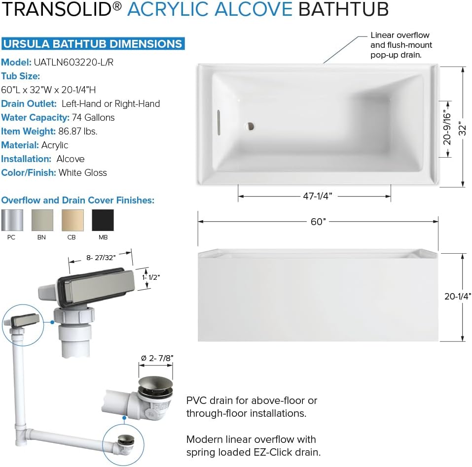 UATLN603220-R-BN Unity 60-in x 32-in x 20-in Alcove Acrylic Bathtub Kit With Right Hand Drain, White/Brushed Nickel