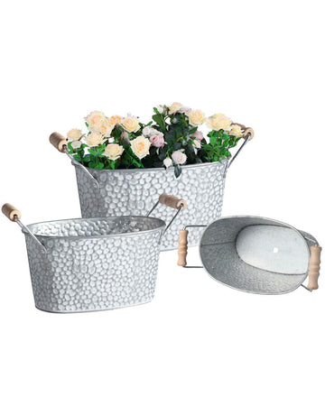 Set of 3 Oval Planter Buckets with Handles, Stone Style